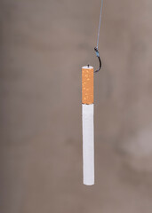 cigarettes on fish hooks. wooden background in retro style. dependence on cigarettes.