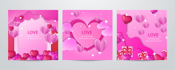 Valentines day concept square greeting card in paper cut realistic style