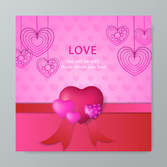 Red pink realistic valentine's day square greeting card template