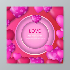 Fototapeta premium Cute pink red realistic valentine card. Vector illustration