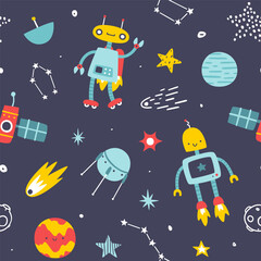 Cute space pattern with robots for kids. Seamless cosmic vector print for boys textile and fabric.