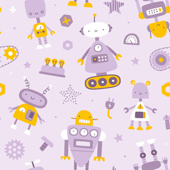 Cute purple pattern with robots for kids. Seamless scandinavian vector print for baby textile and fabric.