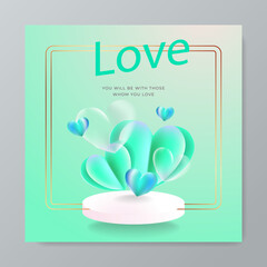 Orange, pink and white hearts with golden confetti on orange background. Vector illustration. Paper cut decorations for Valentine's day design