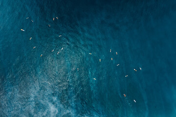 Aerial view of surfers on line up in ocean waiting waves at Bali island. Top view