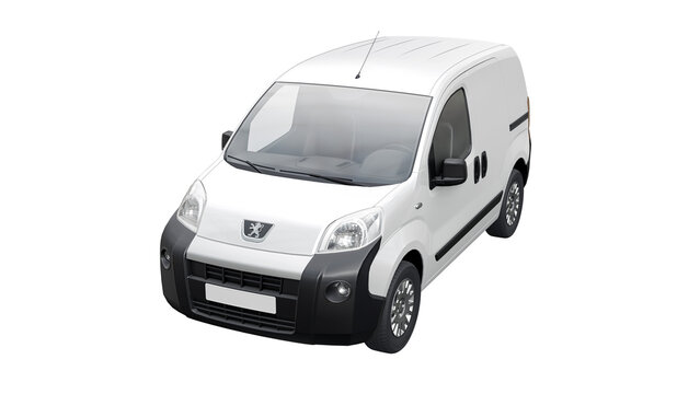 Paris, France. February 1, 2023. White Peugeot Bipper on a white background. A small commercial car-based delivery van for the narrow streets of old towns. Courier delivery of orders. 3d rendering