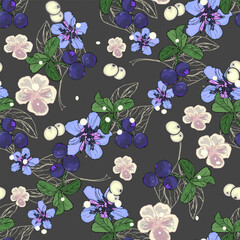 Hand drawn seamless pattern with yummy berry, flowers, leaves. Summer background sweet berries. For printing packaging, cards, designers, clothes, interior, icon, logo