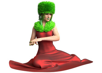 3D Woman in red dress with green furry hat