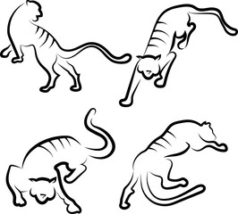Tiger on the move. Foreground. Back view. Side view. View from above. Schematically. Black outline. Logo.