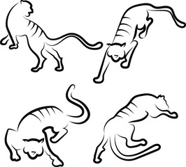 Tiger on the move. Foreground. Back view. Side view. View from above. Schematically. Black outline. Logo.