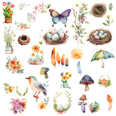 Spring clipart, watercolor style for scrapbooking, collage, generative AI
