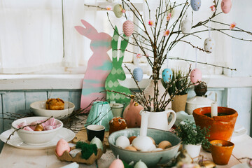set table for Easter party, setting for celebration of Happy Easter in country house, spring, rustic style