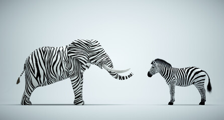 Elephant with zebra skin and  a zebra on studio background. Be different and mindset change concept. - obrazy, fototapety, plakaty