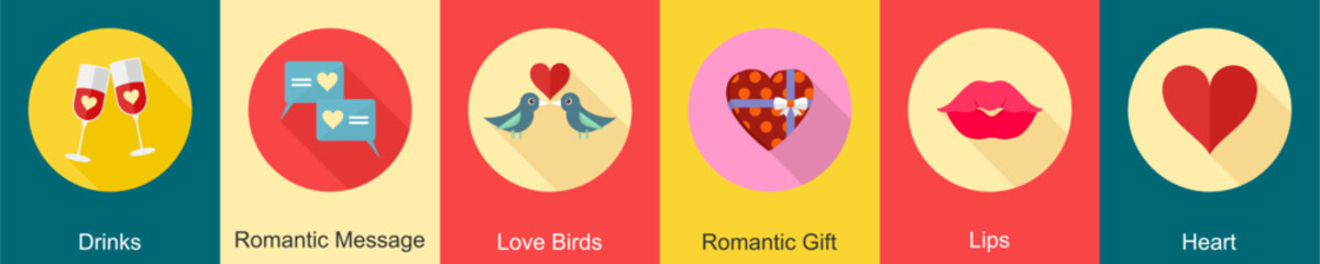 A set of 6 Valentine icons as drinks, romantic message, love birds