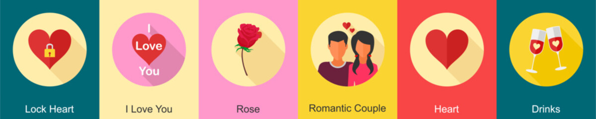 A set of 6 Valentine icons as lock heart, I love you, rose