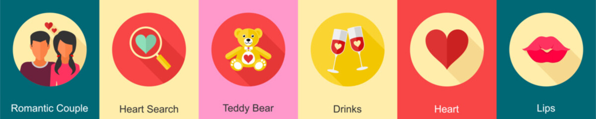 A set of 6 Valentine icons as romantic couple, heart search, teddy bear