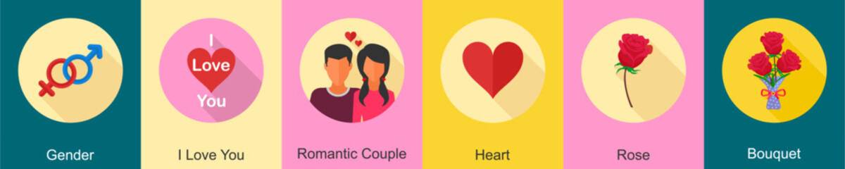 A set of 6 Valentine icons as gender, I love you, romantic couple