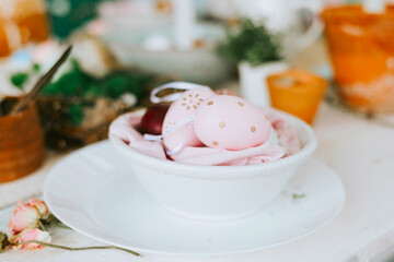 set table for Easter party, setting for celebration of Happy Easter in country house, spring, rustic style
