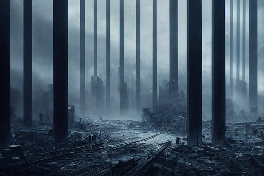 runed of city after alien invaded war landscape scene created by generative ai