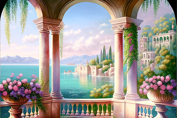painting fresco balcony sea view imagine oil color
