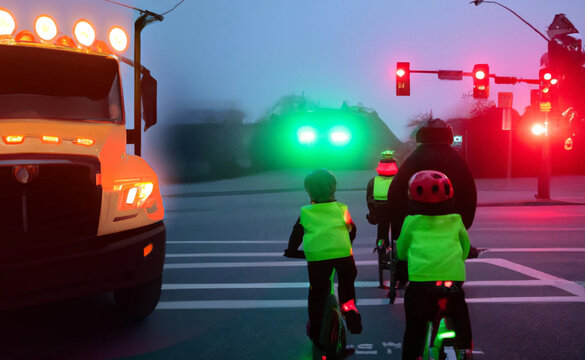 Familie mit Fahrrädern am frühen Morgen auf dem Schulweg. HInweis: Generiert mit AI 