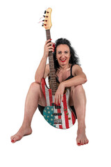 Woman with an electric guitar on a white background.