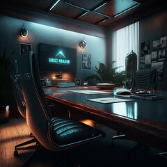 A futuristic and modern meeting room. Luxurious office interior with advisory table in a sleek architectural design.
