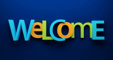 3D render of WELCOME colorful typography on blue background