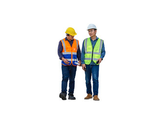 Engineer and foreman worker checking project at building site, Engineer and builders in hardhats discussing on construction site