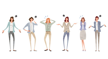 Obraz premium ベクターイラスト素材：思い悩む女性たち、困る人々、ビジネス人物セット