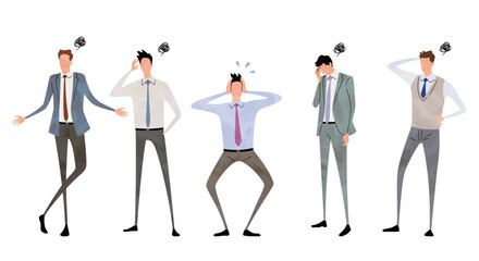Fototapeta premium ベクターイラスト素材：思い悩む男性たち、困る人々、ビジネス人物セット 