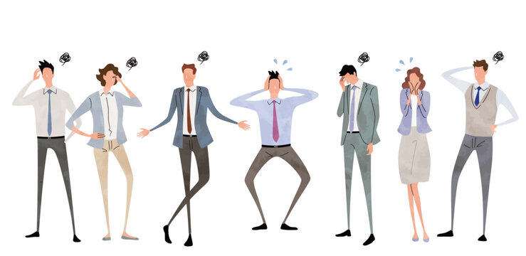 ベクターイラスト素材：思い悩む人々、困る人々、ビジネス人物セット