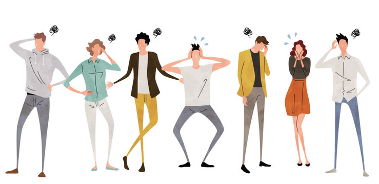 ベクターイラスト素材：思い悩む、困る人々、人物セット