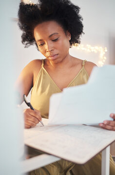 Planning, Paperwork And Black Woman Writing A Budget, Working On Tax And Home Accounting. Finance, Loan And African Girl With Documents For Payment, Contract And Entrepreneurship Business Investment