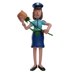  3D illustration. 3D Police Woman Cartoon Design holding a rose flower. showing a beautiful smile. wear cute costumes. 3D Cartoon Character