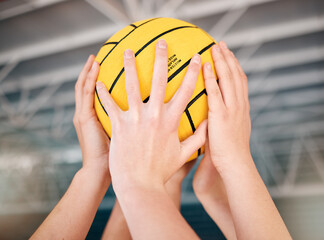 Hands, ball and team with sports and support with athlete group, teamwork and fitness with...