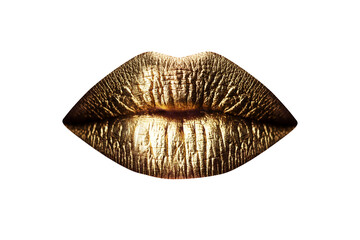 Glamour art lips concept. Golden lips isolated on white background. Art gold lips. Clipping path gild lips. Gold mouth Icon. - obrazy, fototapety, plakaty