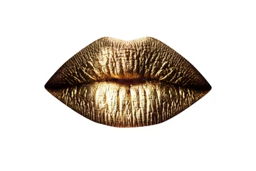 Fotobehang Glamour art lips concept. Golden lips isolated on white background. Art gold lips. Clipping path gild lips. Gold mouth Icon. © Volodymyr