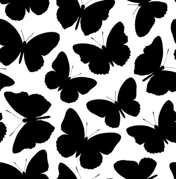 Pattern with butterflies. Black butterflies on a white background.
