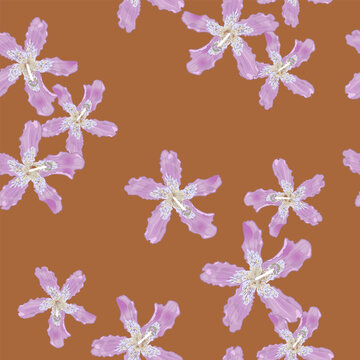 Seamless floral pattern with flowers of Silk Floss Tree. Blooms of Ceiba speciosa or Chorisia speciosa tree. Pink purple blossom on orange background.