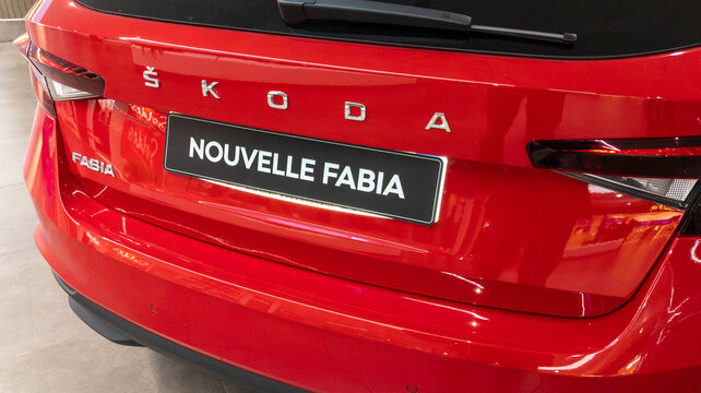 skoda fabia new model logo brand and text sign rear car from vw volkswagen group