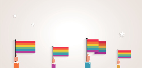 Rainbow LGBT flags in men`s hands isolated on white background. The concept of tolerance and acceptance of homosexuality. Gay parade vector illustration.