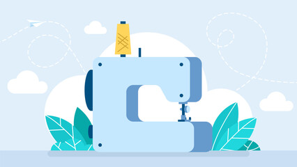 Industrial sewing machine with a spool of yellow threads. The concept of sewing, cutting, designing, modeling clothes. Cartoon illustration of sewing machine. Flat style. Vector illustration.