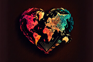 A geometric heart with world map, arrows, colorful, on a red background for Valentine's Day.