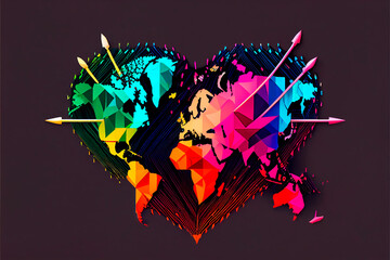 A geometric heart with world map, arrows, colorful, on a red background for Valentine's Day.