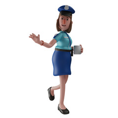    3D illustration. 3D Police Woman Cartoon Character holding a cup of coffee. with beautiful poses. showing a cute smile. 3D Cartoon Character