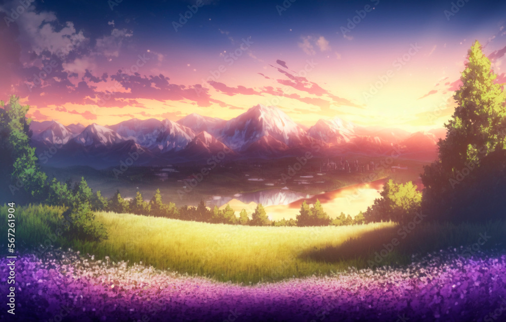 Wall mural pretty mountain sunset in anime style generative ai
