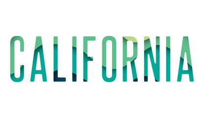 An isolated illustration of colorful lettering  of California. California Colorful name of USA state. Tourism related items.