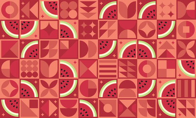Bauhaus pattern of red watermelon cut elements and simple geometric shapes. Minimalist abstract horizontal fruits poster, for decoration, banner, flyer design, cover, food or drink packaging print.