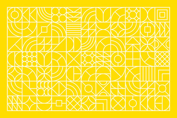 Vector geometric white line art design on yellow background. Futuristic or technology style abstract frame pattern. Creative design combination of simple shapes of triangle, square and circle.