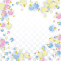 Vector Realistic Colorful Petals Falling on Transparent Background.  Spring Romantic Flowers Illustration. Flying Petals. Sakura Spa Design. Blossom Confetti. Design Elements for Wedding Decoration.